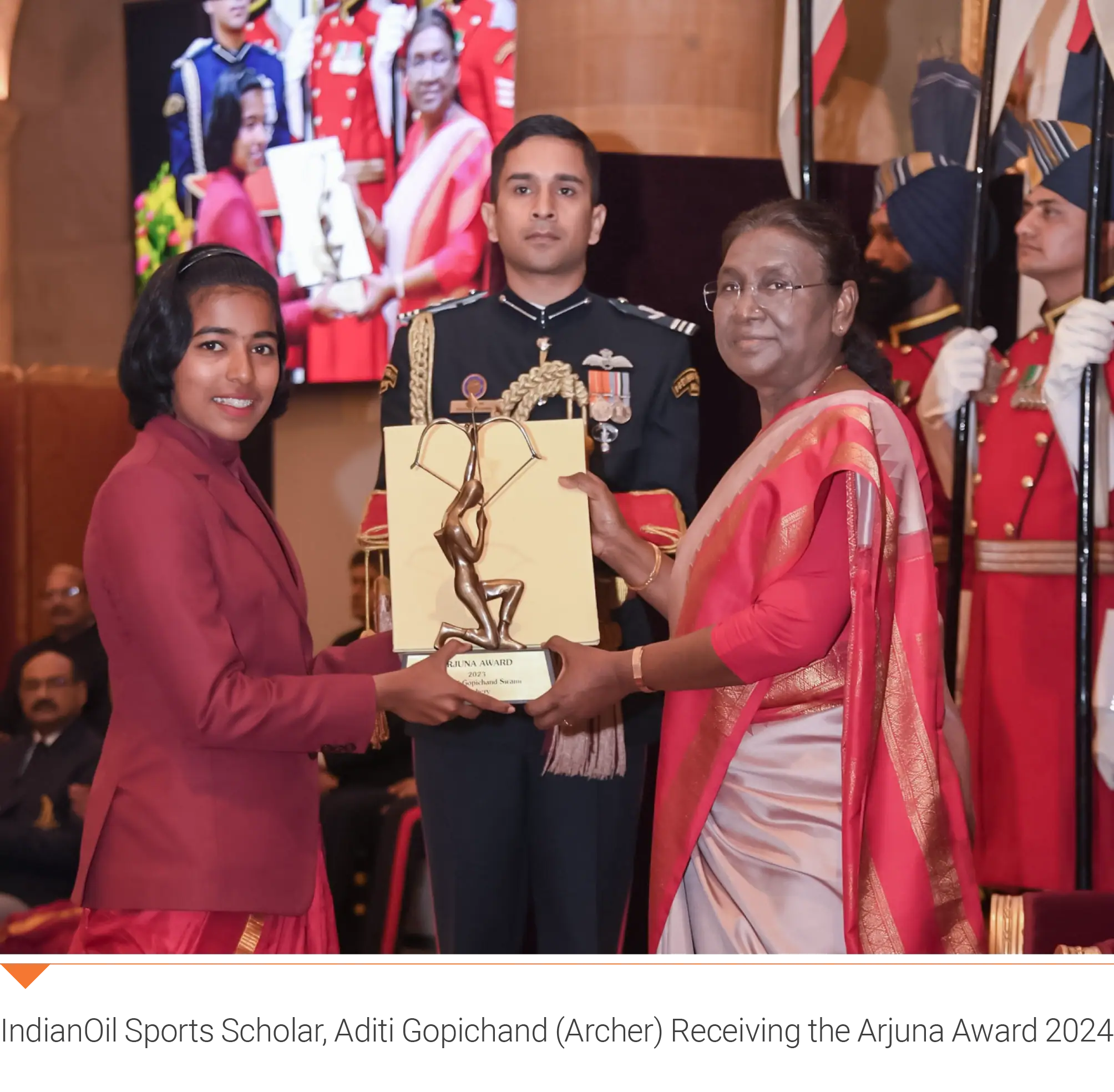 IndianOil Sports Scholar Aditi Gopichand receiving Arjuna Award 2024